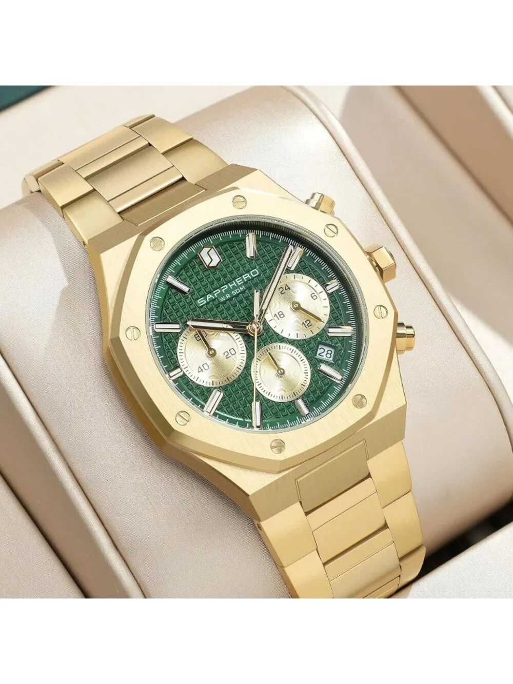 Men's Gold Green Chronograph Quartz Movement Stainless Steel Luxury Wrist Watch